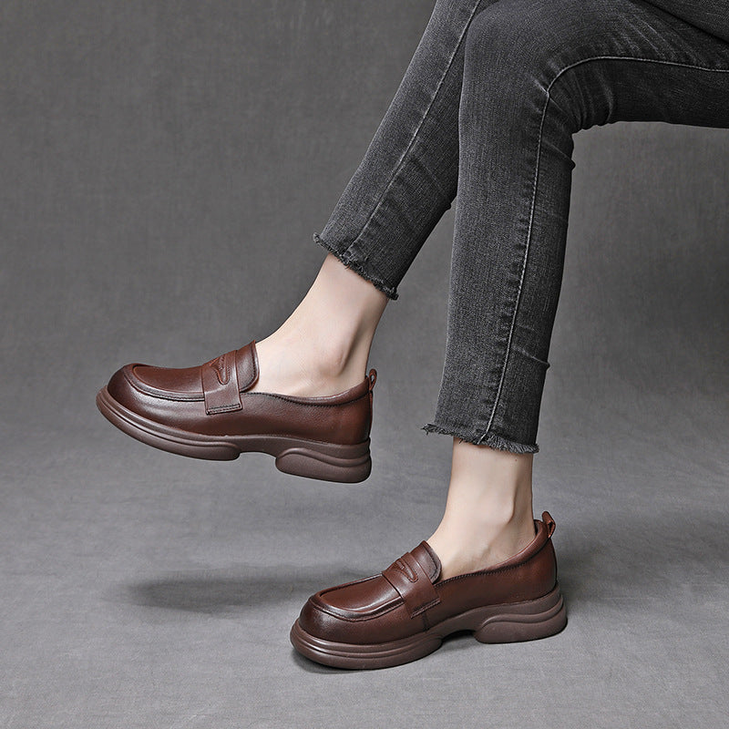 Women's Genuine Leather Penny Loafer Shoes Platform Slip On Round Toe Flats