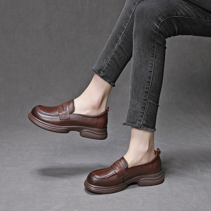 Women's Genuine Leather Penny Loafer Shoes Platform Slip On Round Toe Flats