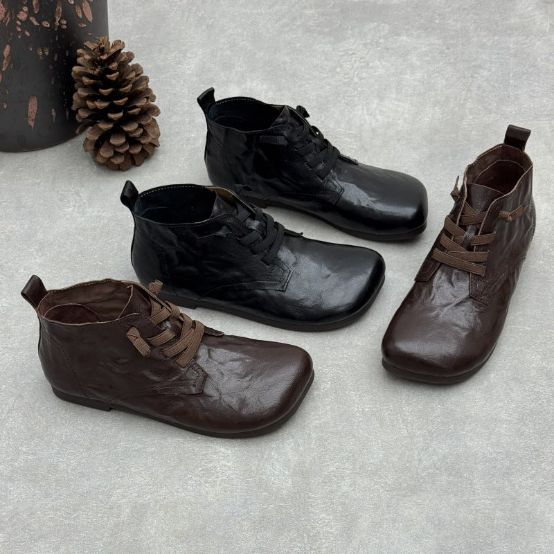 Women's Vintage Lambskin Ankle Booties Soft Sole Square Toe Elastic Slip-On Shoes