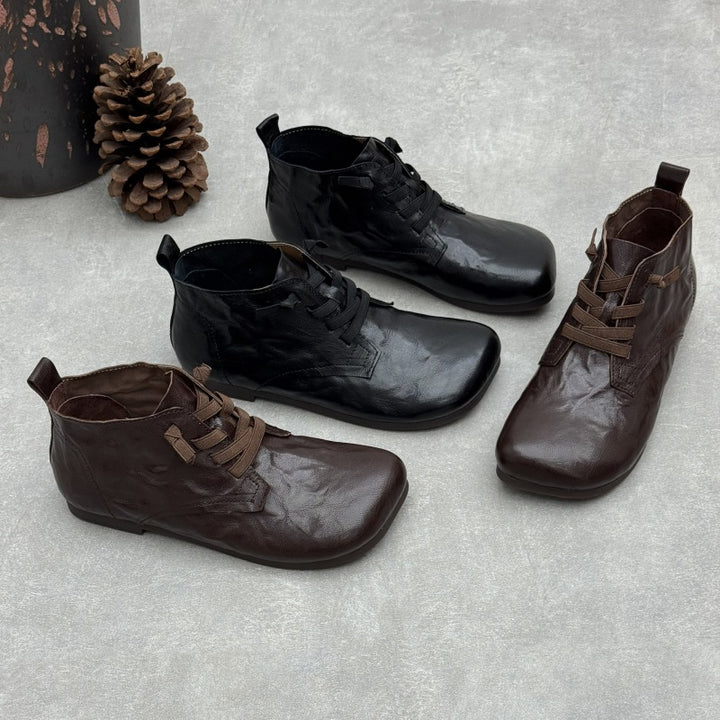 Women's Vintage Lambskin Ankle Booties Soft Sole Square Toe Elastic Slip-On Shoes