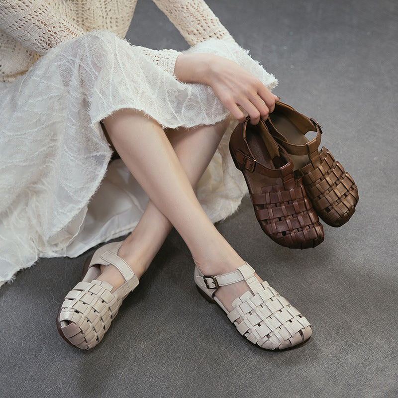 Women's Retro Woven Fisherman Sandals Vintage Leather Velcro Cage Flats