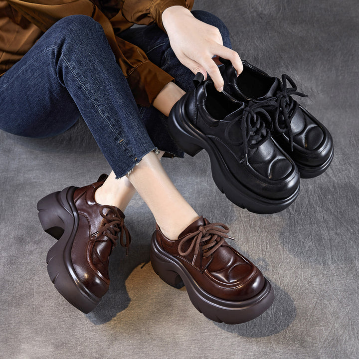 Women's Platform Genuine Leather Oxfords High Chunky Heel Lace Up Casual Shoes