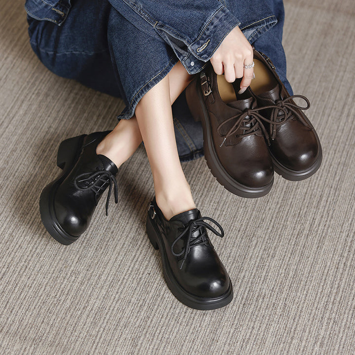 Women's Platform Genuine Leather Oxfords Buckle Lace Up Chunky Heel Shoes