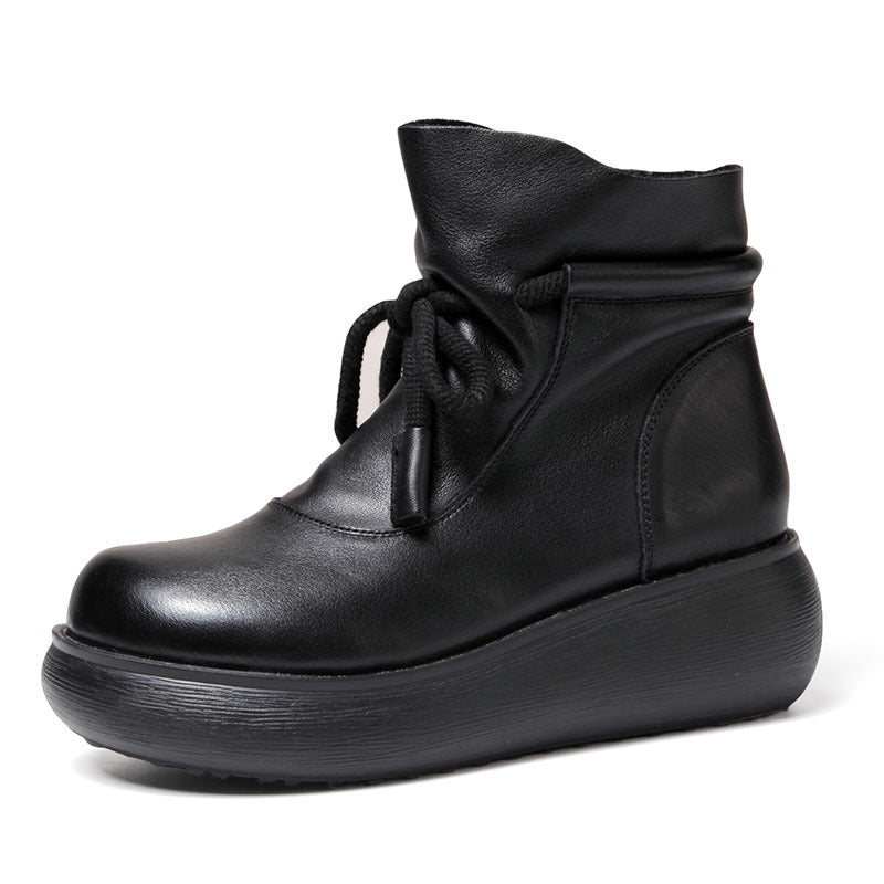 Women's Leather Ankle Boots - Platform Chunky Heel  Booties, Zipper Lace-up Fall Winter Shoes