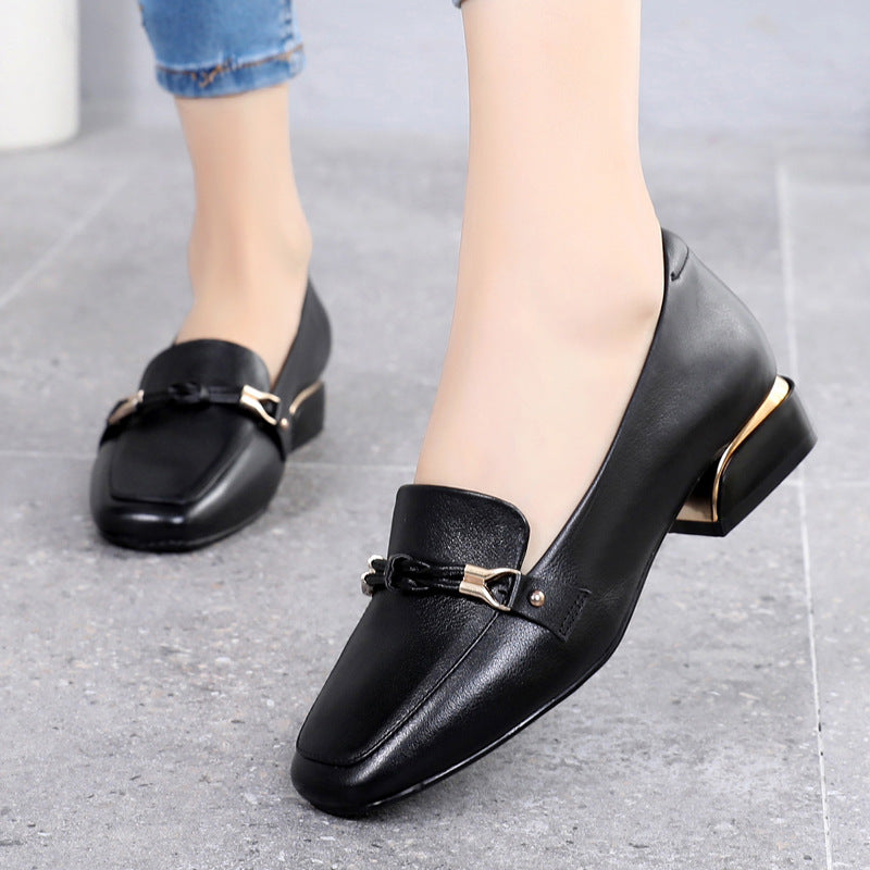 Women's Leather Loafers - Vintage Square Toe Dress Shoes, Comfort Block Heel Pumps