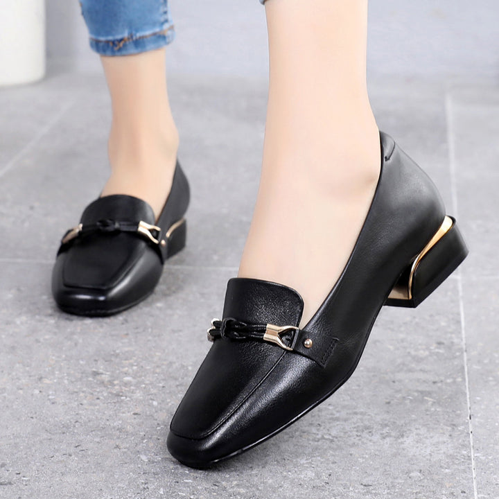 Women's Leather Loafers - Vintage Square Toe Dress Shoes, Comfort Block Heel Pumps