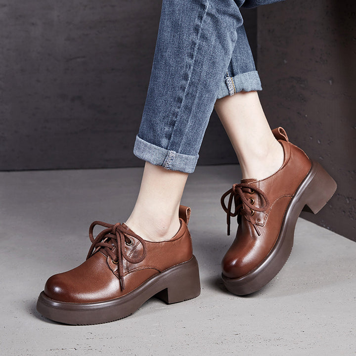 Women's Retro Leather Oxford Shoes Vintage Round Toe Platform Lace-up Chunky Heels