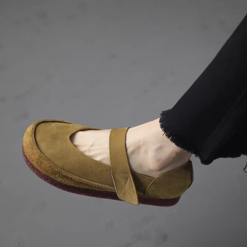 Women's Handmade Leather Patchwork V-Cut Velcro Flats