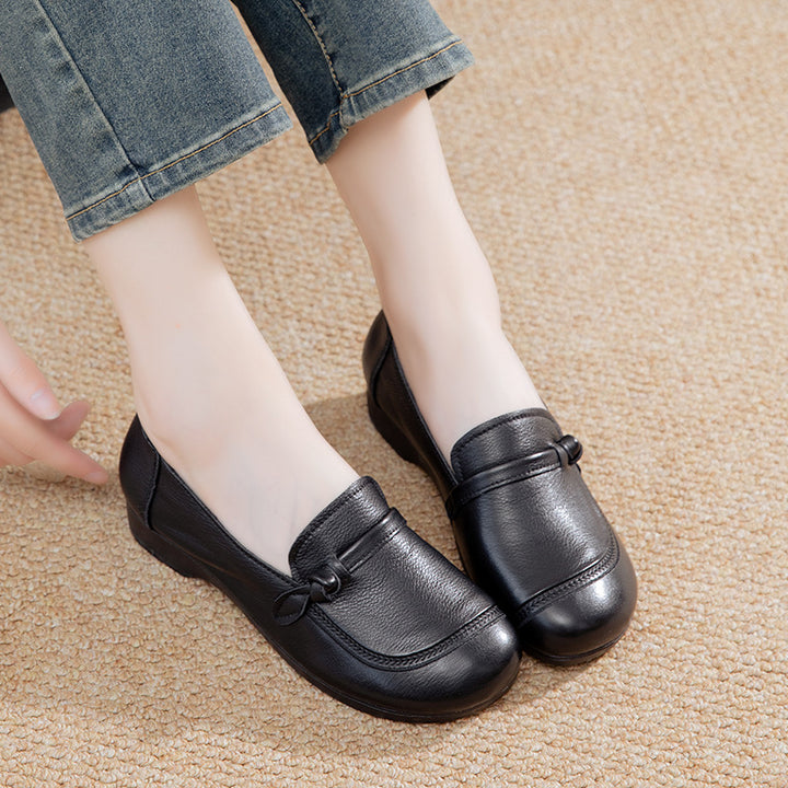 Women's Soft Leather Flats - Vintage Square Toe Drawstring Comfort Walking Shoes