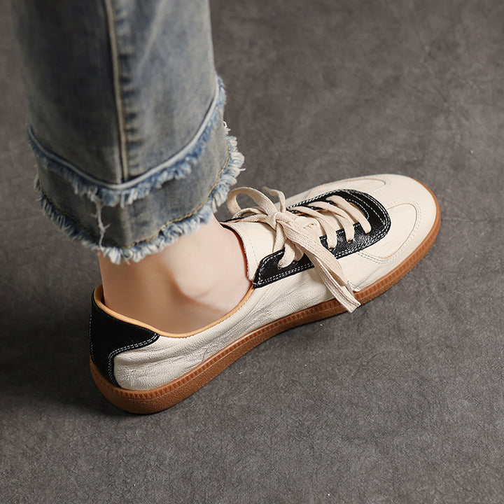 Women's Genuine Leather German Army Trainer Sneakers Retro Low Top Flat Shoes