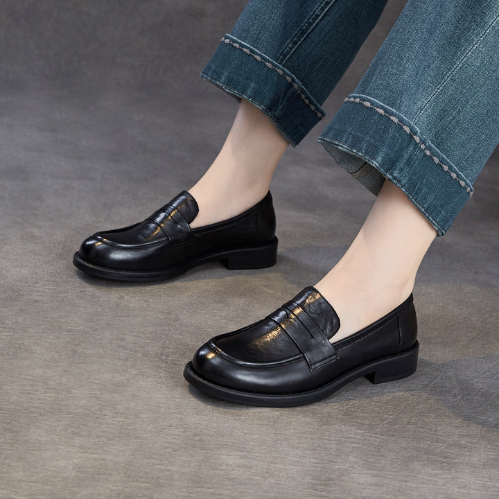 Women's Genuine Leather Penny Loafers Vintage Slip-on Round Toe Low Heel Shoes