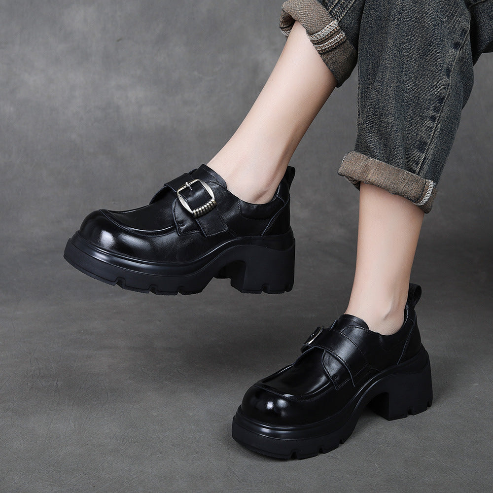 Women's Chunky Platform Monk Strap Loafers Top-Grain Leather Slip On High Heel Dress Shoes