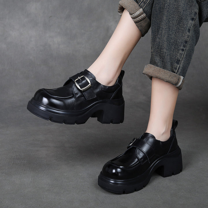 Women's Chunky Platform Monk Strap Loafers Top-Grain Leather Slip On High Heel Dress Shoes