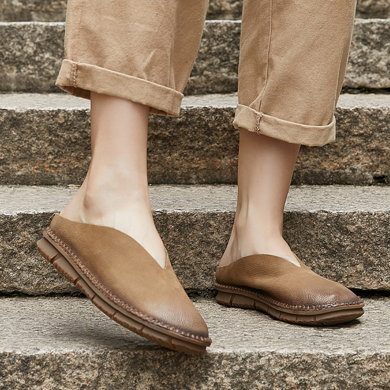 Women's V-Cut Soft Leather Flat Mules – Retro Minimalist Style