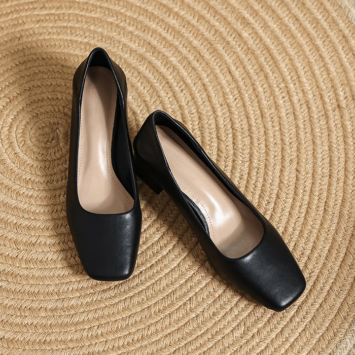 Women's Soft Leather Pumps - Square Toe Low Block Heel Dress Shoes Casual Slip-On Loafers