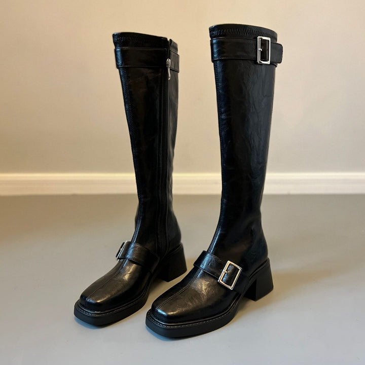 Women's Vintage Knee High Zipper Boots - Square Toe Buckle Strap Chunky Block Heel Riding Boots