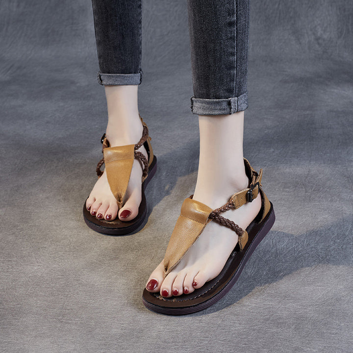Women's Leather T-Strap Sandals - Vintage Braided Strappy Thong Flat Sandals Summer Buckle Slingback Shoes