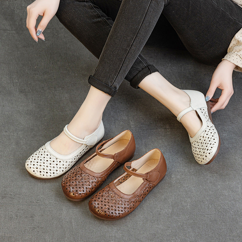 Women's Soft Leather Mary Jane Flats - Hollow Out Geometric Perforated Sandals Closed Toe Comfort Walking Shoes