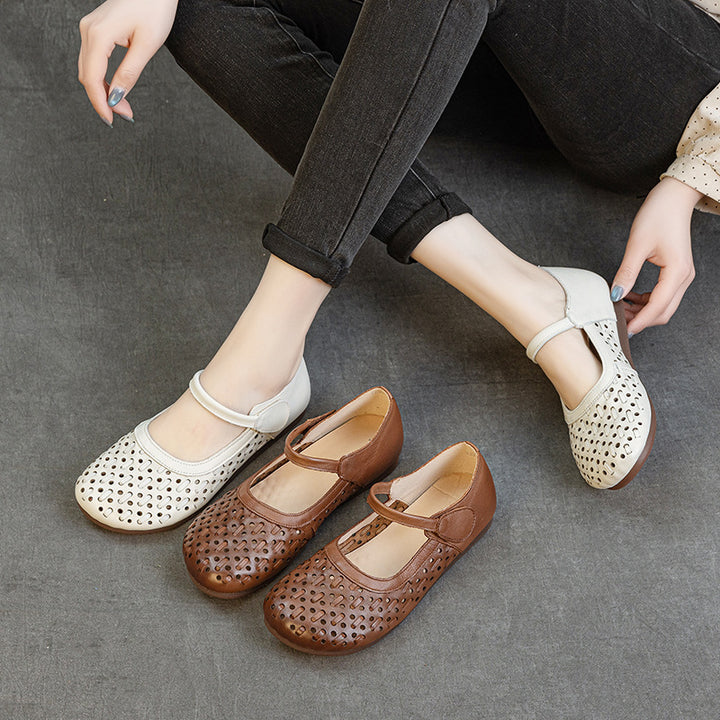 Women's Soft Leather Mary Jane Flats - Hollow Out Geometric Perforated Sandals Closed Toe Comfort Walking Shoes