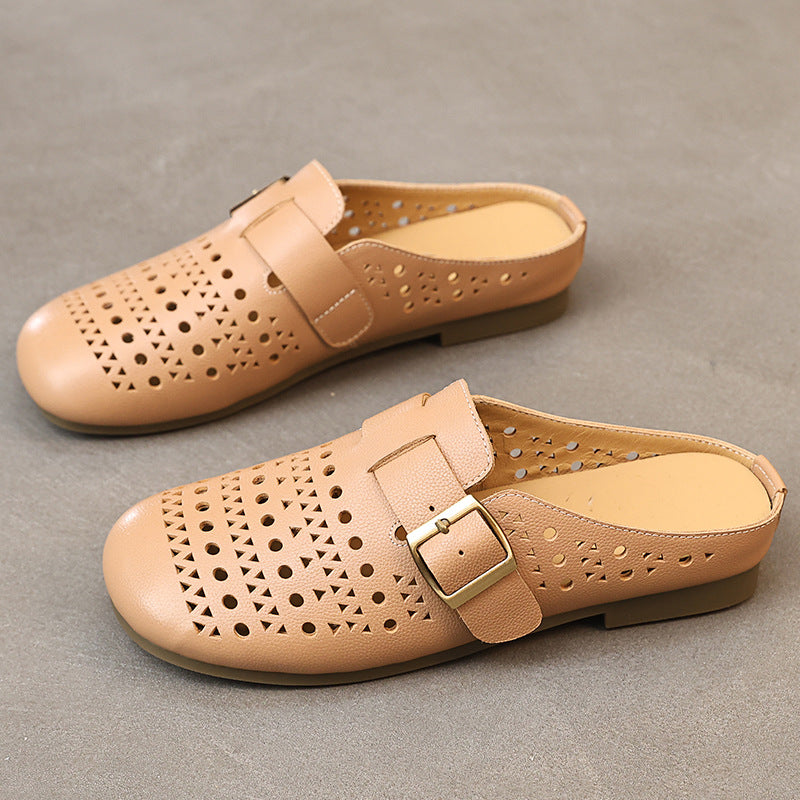 Women's Genuine Leather Buckle Mules Round Toe Backless Slip On Slides