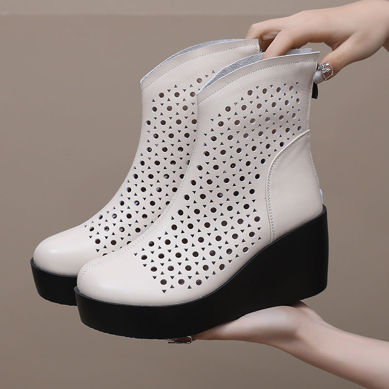 Women‘s Retro Cowhide Ankle Boots Vintage Round Toe Cutout Perforated Wedge Platform High Heels