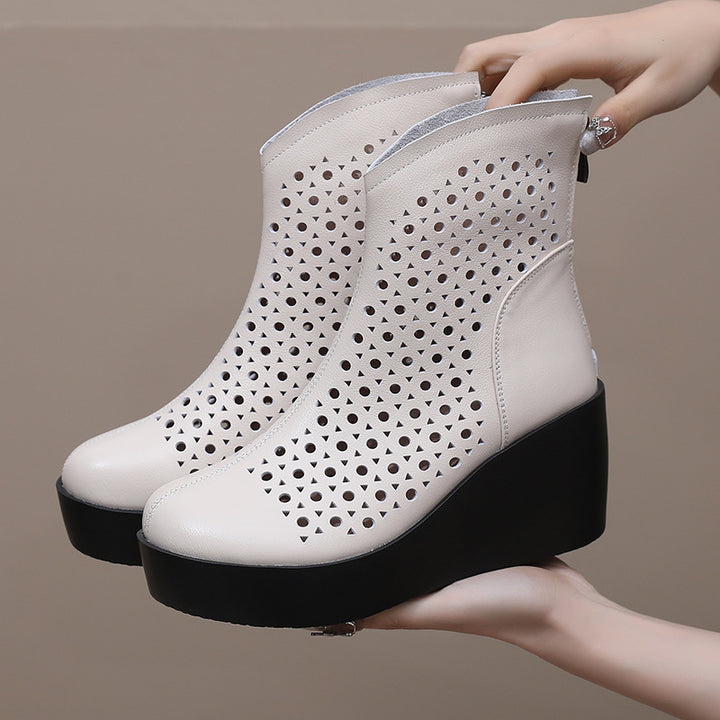 Women‘s Retro Cowhide Ankle Boots Vintage Round Toe Cutout Perforated Wedge Platform High Heels