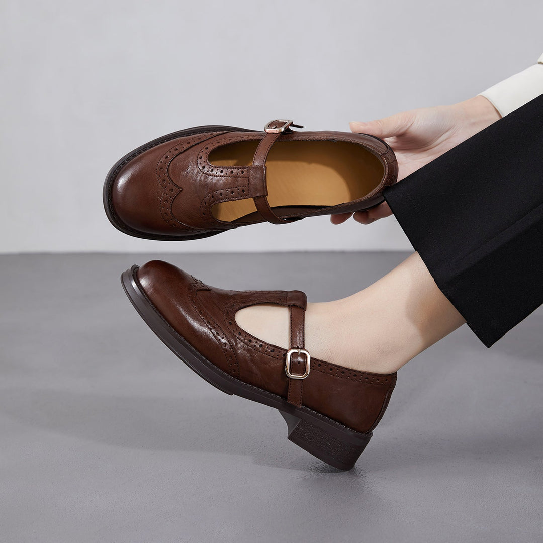 Women's Brogue T-Strap Mary Janes - Unlined Cowhide Leather - Block Heel