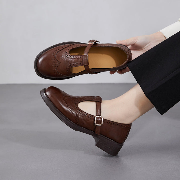 Women's Brogue T-Strap Mary Janes - Unlined Cowhide Leather - Block Heel