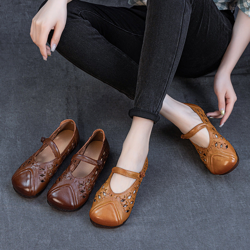 Women's Retro Woven Mary Jane Flats Vintage Leather Cutout Fisherman Sandals