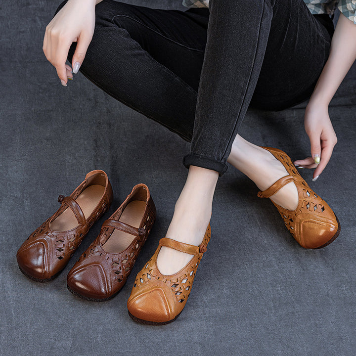 Women's Retro Woven Mary Jane Flats Vintage Leather Cutout Fisherman Sandals