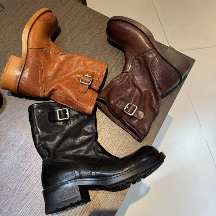 Women's Horsehide Mid Calf Engineer Boots Vintage Buckle Slip On Chunky Heel Booties
