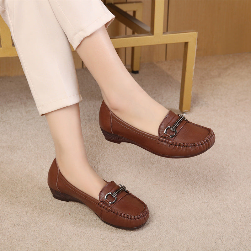 Women's Casual Leather Low Heel - Breathable Microfiber Lined Loafers