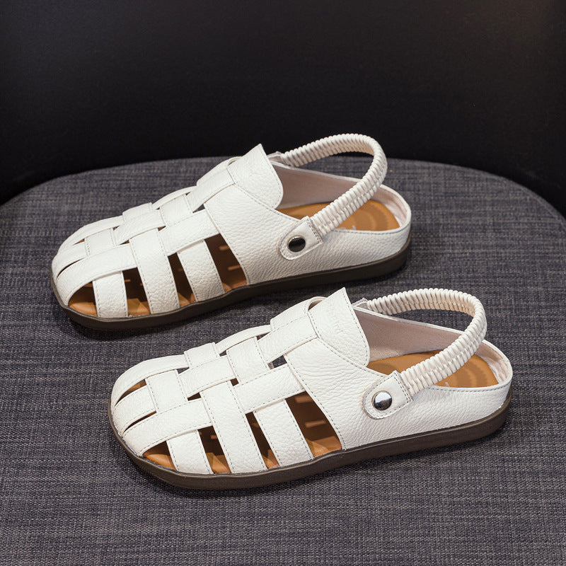 Women's Leather Fisherman Sandals - Lattice Woven Closed Round Toe Flat Shoes with Elastic Slingback
