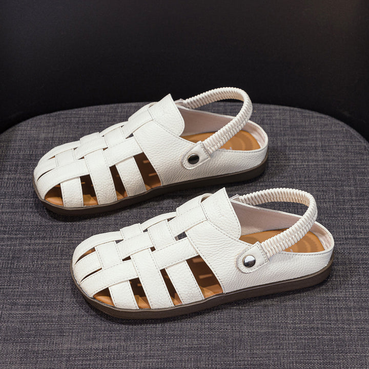 Women's Leather Fisherman Sandals - Lattice Woven Closed Round Toe Flat Shoes with Elastic Slingback
