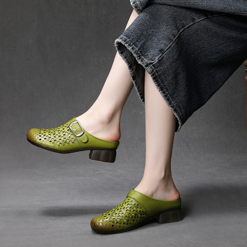 Women's Leather Woven Mules - Hollow Out Perforated Closed Toe Sandals Low Block Chunky Heel Slides with Buckle