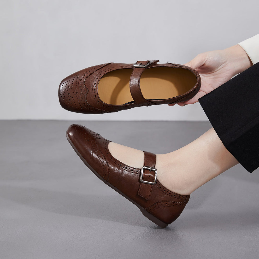 Women's Vintage British Style Leather Mary Janes - Hand-Punched Brogue Details - Soft Walking Shoes