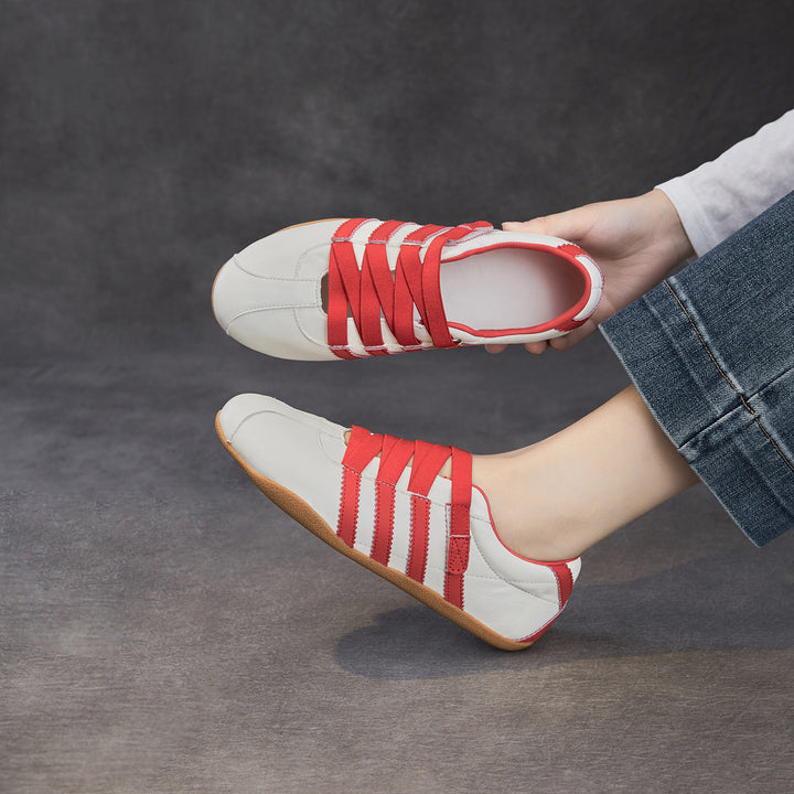 Women's Retro Cowhide Sneakers Vintage Round Toe Strappy Velcro Driving Flats