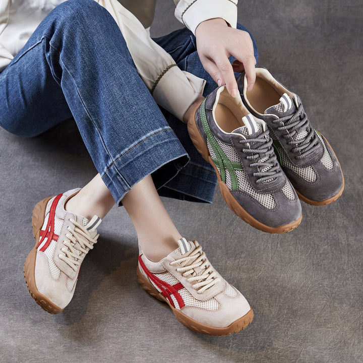 Womens Retro Mesh Running Sneakers Vintage Leather Lace-up Chunky Trainers