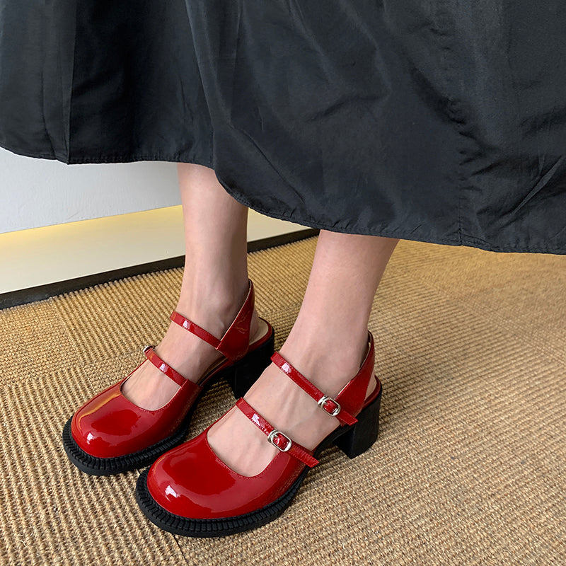 Women's Stylish Double Strap Closed Toe Sandals Mid Heel Block Pumps