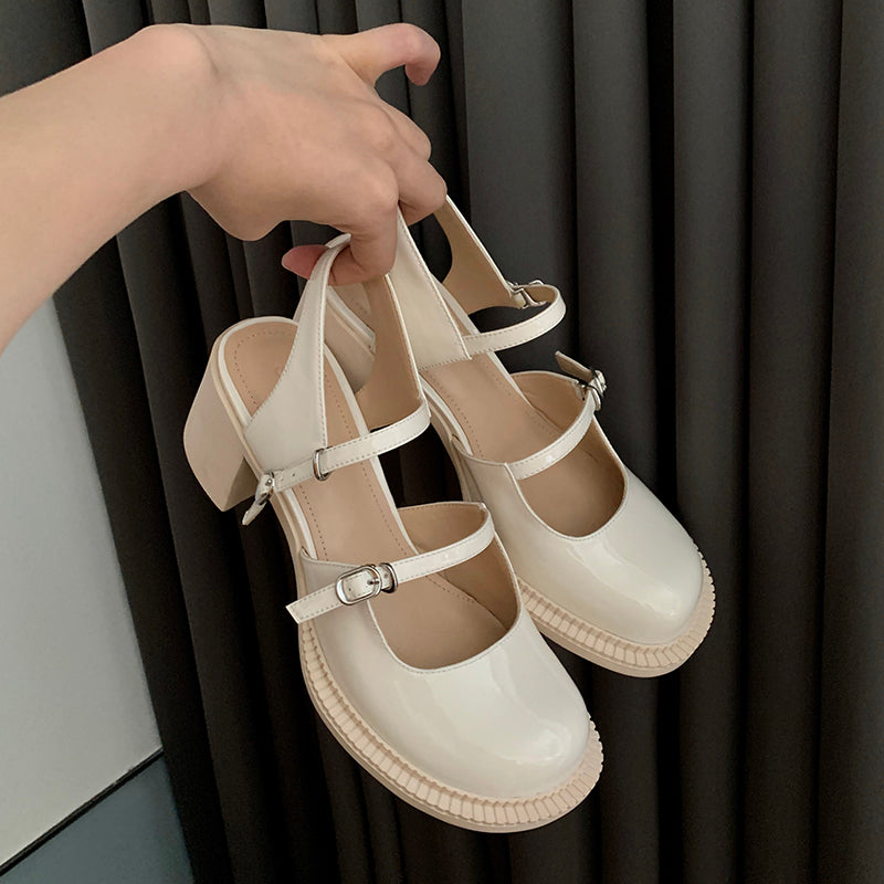 Women's Stylish Double Strap Closed Toe Sandals Mid Heel Block Pumps