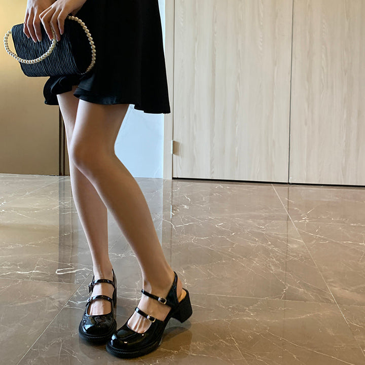 Women's Stylish Double Strap Closed Toe Sandals Mid Heel Block Pumps