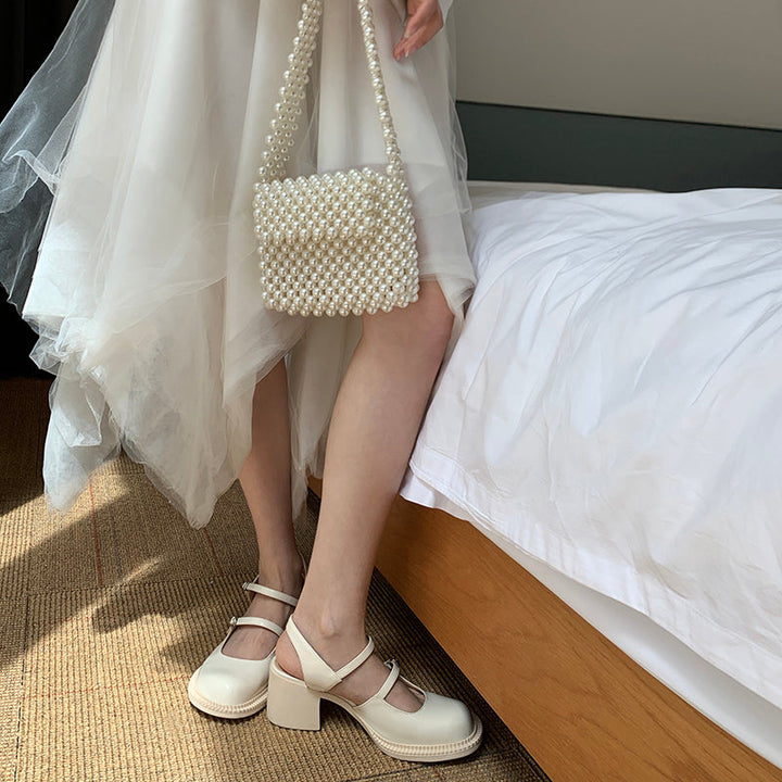 Women's Stylish Double Strap Closed Toe Sandals Mid Heel Block Pumps