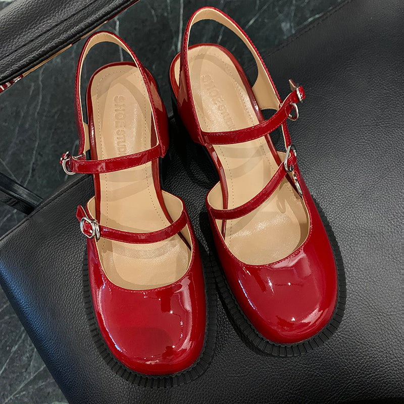 Women's Stylish Double Strap Closed Toe Sandals Mid Heel Block Pumps