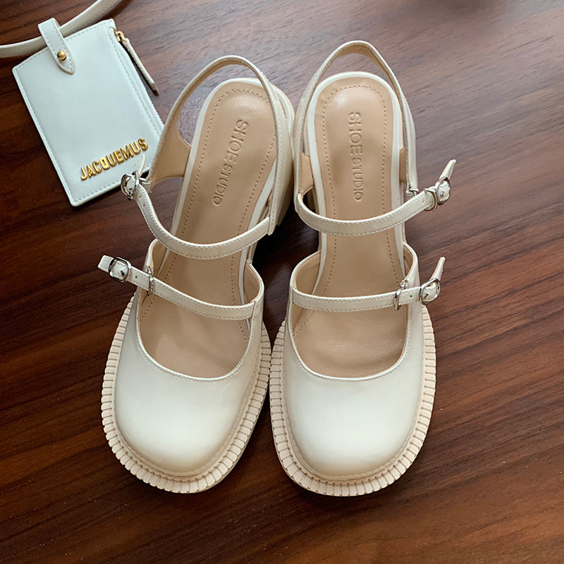Women's Stylish Double Strap Closed Toe Sandals Mid Heel Block Pumps