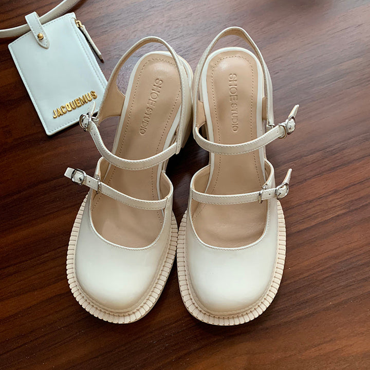 Women's Stylish Double Strap Closed Toe Sandals Mid Heel Block Pumps
