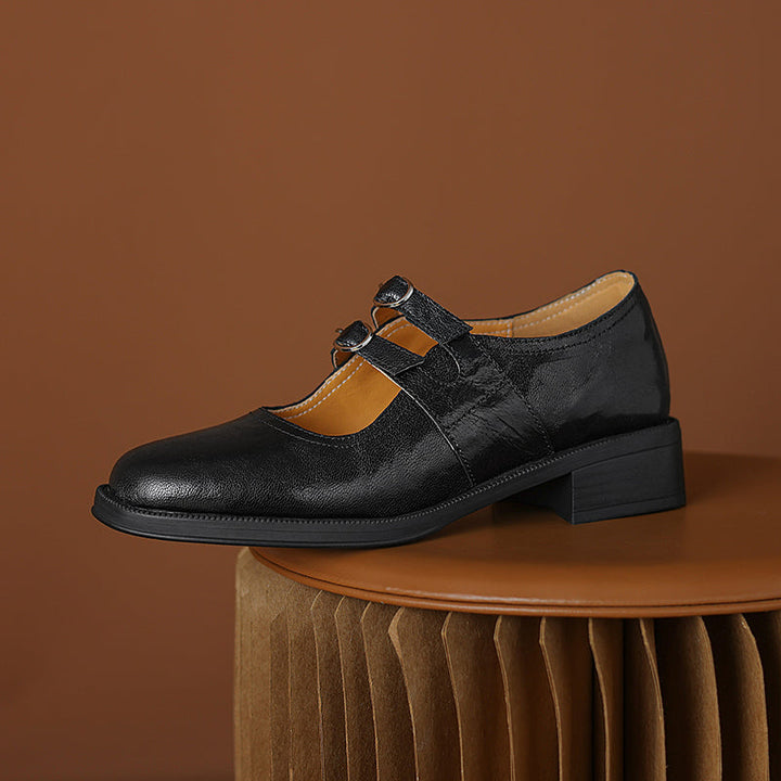Women's Sheepskin Leather Block Heel Low Heel Double Buckle Mary Jane Shoes