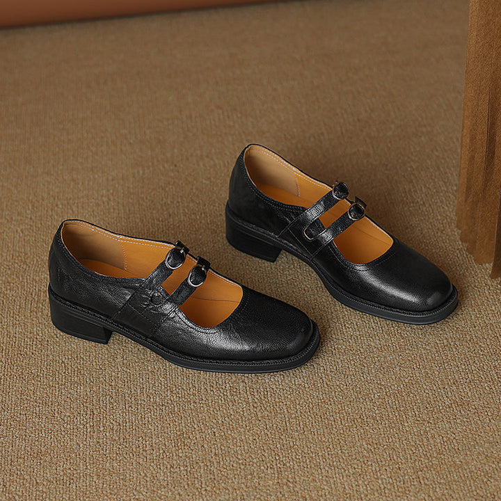 Women's Sheepskin Leather Block Heel Low Heel Double Buckle Mary Jane Shoes