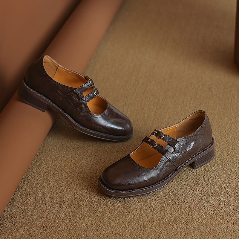 Women's Sheepskin Leather Block Heel Low Heel Double Buckle Mary Jane Shoes