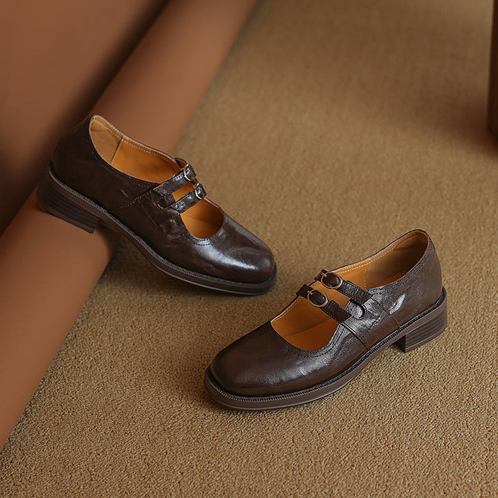 Women's Sheepskin Leather Block Heel Low Heel Double Buckle Mary Jane Shoes