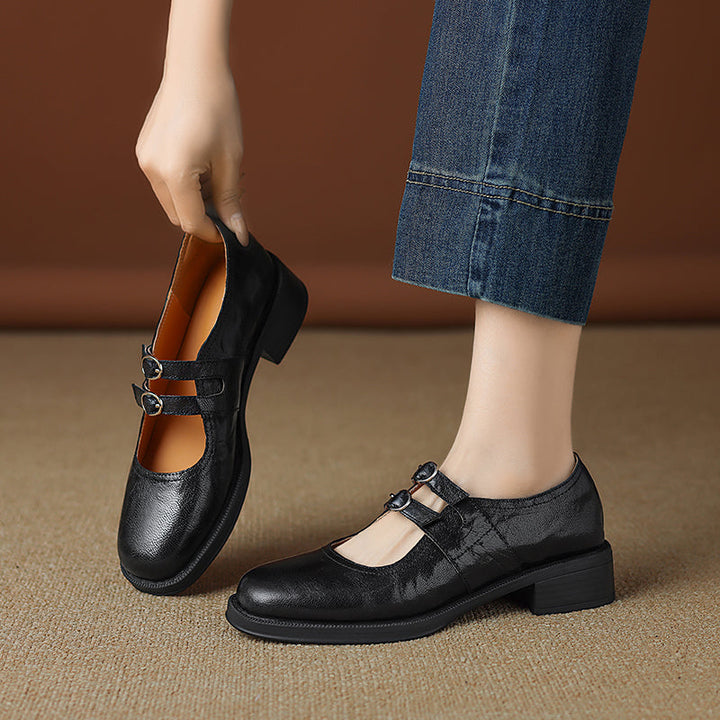 Women's Sheepskin Leather Block Heel Low Heel Double Buckle Mary Jane Shoes